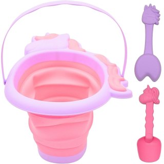 WIADERKO DO PIASKU SKŁADANE Z ŁOPATKĄ I GRABKAMI JEDNOROŻEC RÓŻOWE