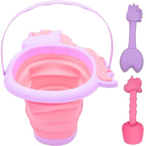 WIADERKO DO PIASKU SKŁADANE Z ŁOPATKĄ I GRABKAMI JEDNOROŻEC RÓŻOWE