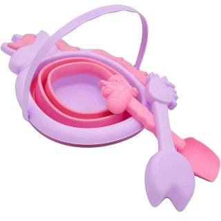 WIADERKO DO PIASKU SKŁADANE Z ŁOPATKĄ I GRABKAMI JEDNOROŻEC RÓŻOWE