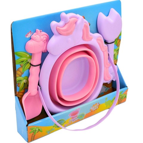 WIADERKO DO PIASKU SKŁADANE Z ŁOPATKĄ I GRABKAMI JEDNOROŻEC RÓŻOWE