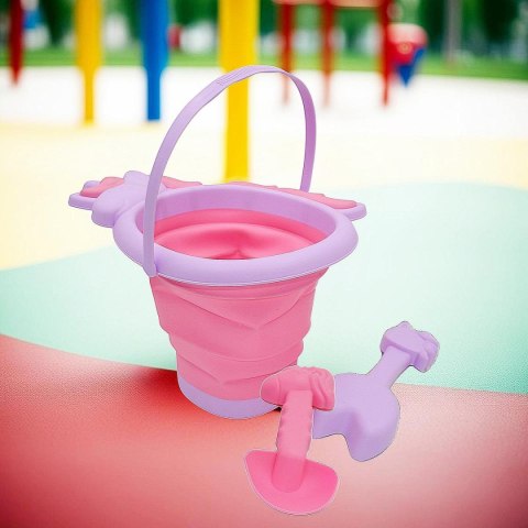 WIADERKO DO PIASKU SKŁADANE Z ŁOPATKĄ I GRABKAMI JEDNOROŻEC RÓŻOWE