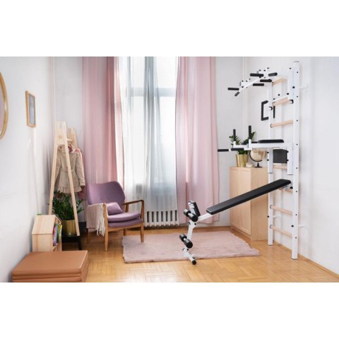 DRABINKA GIMNASTYCZNA DREWNIANO METALOWA Z DRĄŻKIEM, ŁAWKĄ I AKCESORIAMI BENCHK 233W