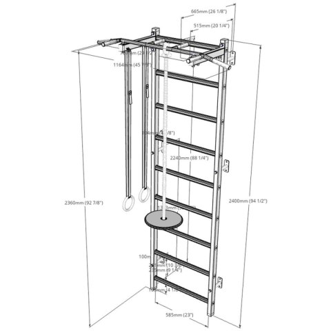 DRABINKA GIMNASTYCZNA DREWNIANO METALOWA Z METALOWYM DRĄŻKIEM I AKCESORIAMI DLA DZIECI BENCHK 721W A076