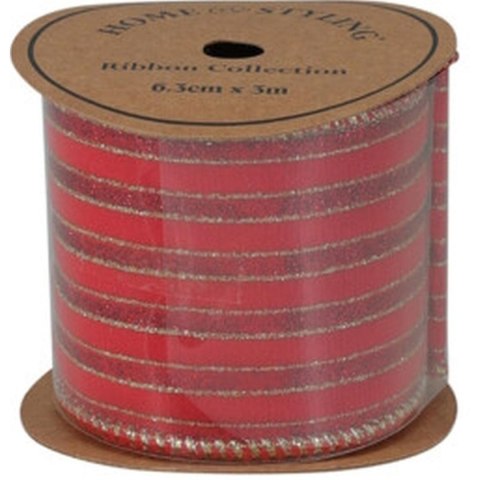 WSTĄŻKA ZŁOTE PASKI 6,3CMx3M CZERWONA