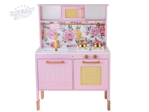 Urocza Różana Drewniana Kuchnia dla dzieci Palnik Zlew Garnki ZA5932