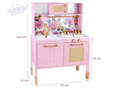 Urocza Różana Drewniana Kuchnia dla dzieci Palnik Zlew Garnki ZA5932