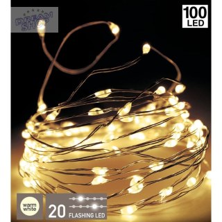 LAMPKI DRUCIKI NA BATERIE GIRLANDA 100 LED CIEPŁY BIAŁY FLASH
