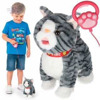 Kotek interaktywny na smyczy miauczy chodzi rusza ogonem szary