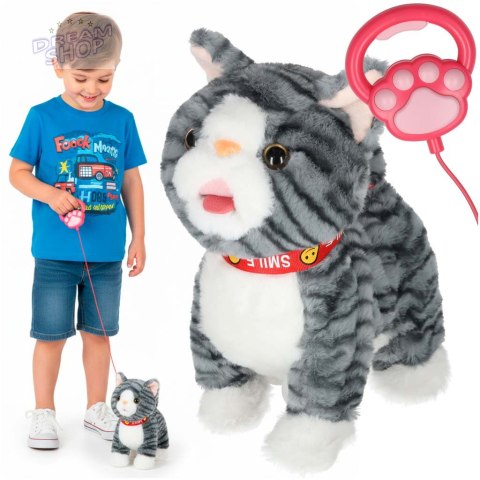 Kotek interaktywny na smyczy miauczy chodzi rusza ogonem szary