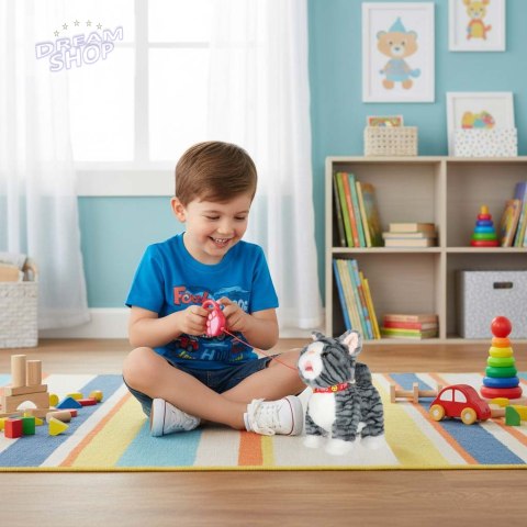 Kotek interaktywny na smyczy miauczy chodzi rusza ogonem szary