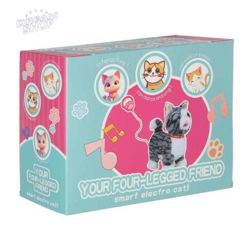 Kotek interaktywny na smyczy miauczy chodzi rusza ogonem szary