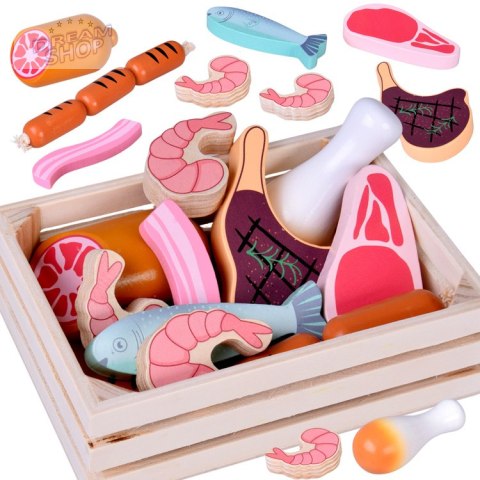 Drewniana SKRZYNKA Z WĘDLINAMI - zestaw zabawkowych mięs dla dzieci ZA5942