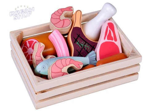 Drewniana SKRZYNKA Z WĘDLINAMI - zestaw zabawkowych mięs dla dzieci ZA5942