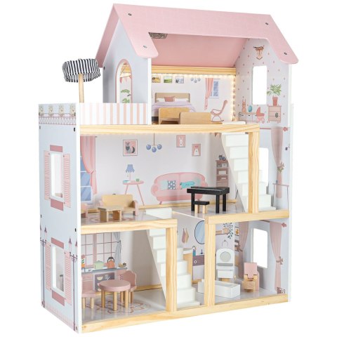 Domek dla lalek drewniany mebelki 78cm róż LED