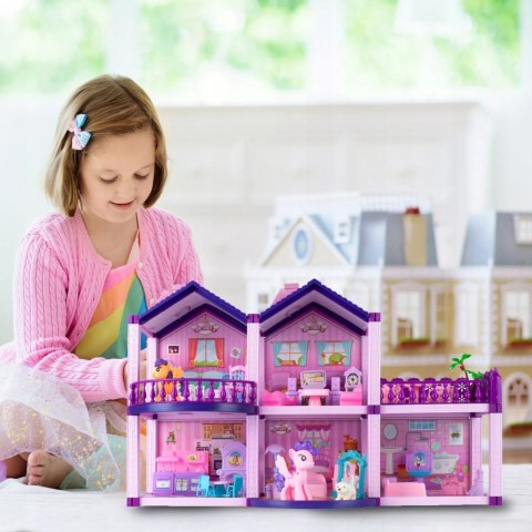 Domek dla lalek różowy duży piętrowy z mebelkami kucyki koniki dla dzieci