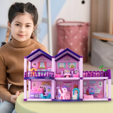 Domek dla lalek różowy duży piętrowy z mebelkami kucyki koniki dla dzieci