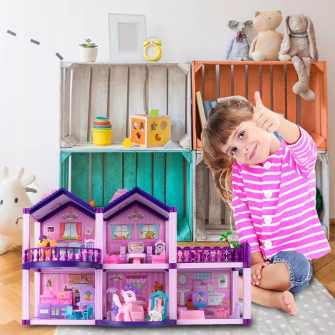 Domek dla lalek różowy duży piętrowy z mebelkami kucyki koniki dla dzieci