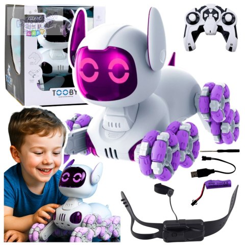 Robot Pies TOOBY Zdalnie Sterowany RC 360° Światła Dźwięki Biało-Fioletowy