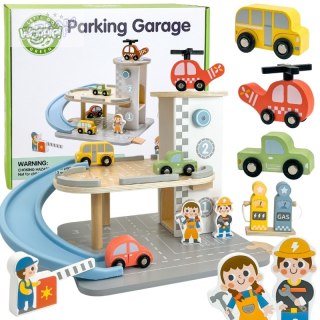 WOOPIE GREEN Drewniany Parking Piętrowy 2w1 Stacja Benzynowa z Autkami i Figurkami 12 el. FSC