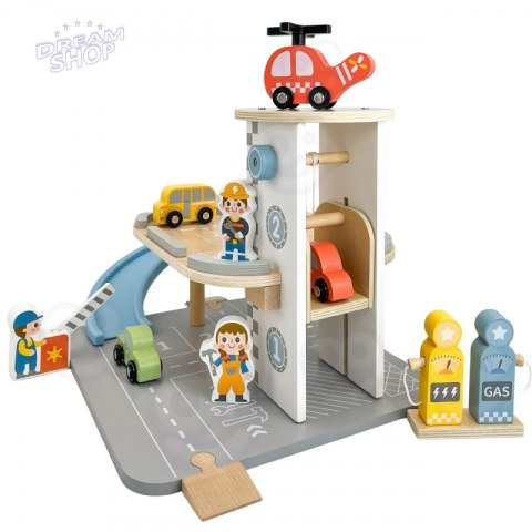WOOPIE GREEN Drewniany Parking Piętrowy 2w1 Stacja Benzynowa z Autkami i Figurkami 12 el. FSC
