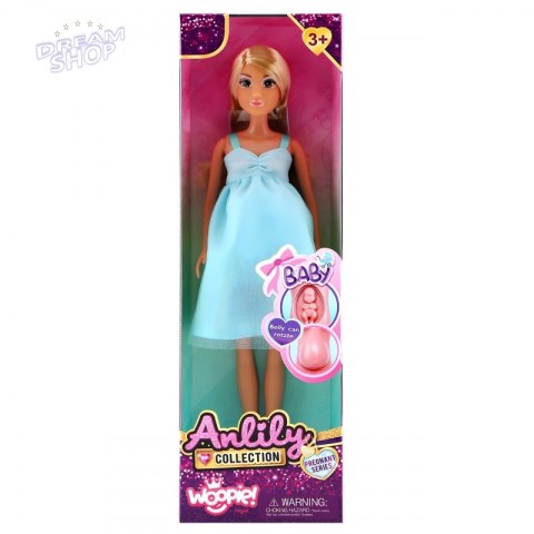 WOOPIE ROYAL Lalka Lily z Brzuszkiem w Ciąży Niemowlak Błękitna Sukienka