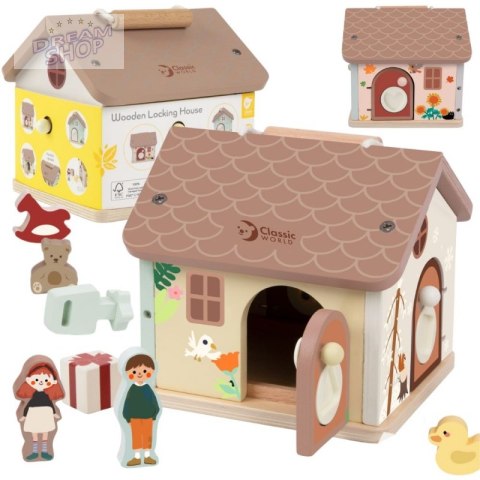 CLASSIC WORLD Drewniany Domek Sensoryczny Edukacyjny z Zamkami Kluczykami 11el.