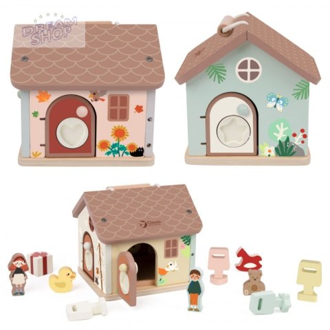 CLASSIC WORLD Drewniany Domek Sensoryczny Edukacyjny z Zamkami Kluczykami 11el.