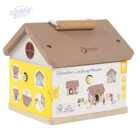 CLASSIC WORLD Drewniany Domek Sensoryczny Edukacyjny z Zamkami Kluczykami 11el.