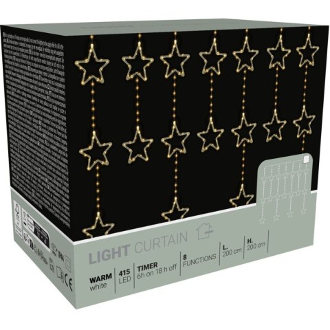 LAMPKI CHOINKOWE KURTYNA ŚWIETLNA 200x200 CM 415LED CIEPŁY BIAŁY GWIAZDKI