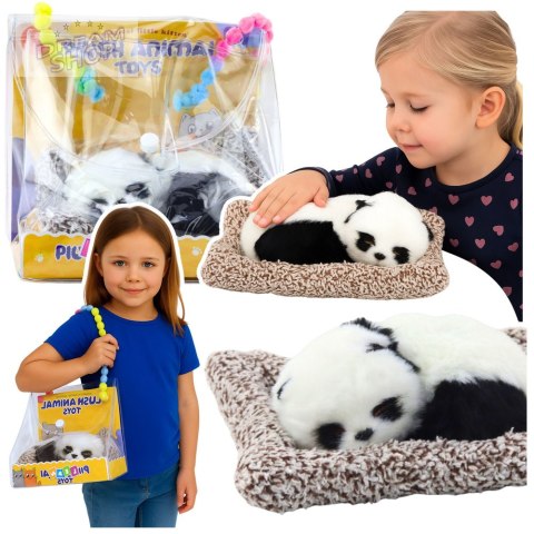 Śpiąca Panda Na Poduszce Figurka z Futerkiem Przeźroczysta Torba