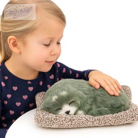 Śpiący Pies Husky Na Poduszce Figurka z Futerkiem Torba Dźwięki