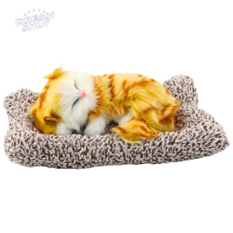 Śpiący Rudy Kot Na Poduszce Figurka z Futerkiem Torba Dźwięki