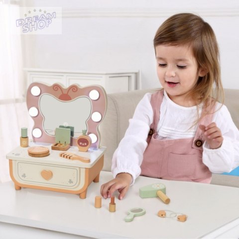 TOOKY TOY Drewniana Toaletka Motyl Akcesoria Lustro z Oświetleniem LED + Kosmetyki