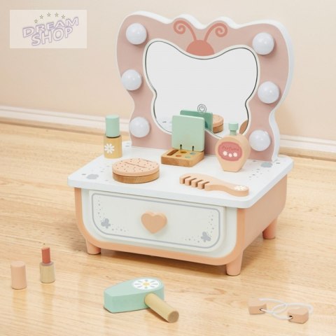 TOOKY TOY Drewniana Toaletka Motyl Akcesoria Lustro z Oświetleniem LED + Kosmetyki