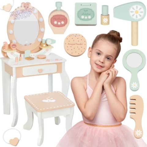 TOOKY TOY Drewniana Toaletka z Krzesełkiem Akcesoria Lustro z Oświetleniem LED + Kosmetyki