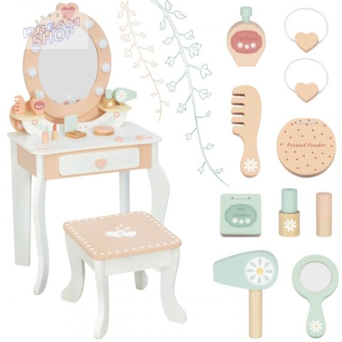 TOOKY TOY Drewniana Toaletka z Krzesełkiem Akcesoria Lustro z Oświetleniem LED + Kosmetyki