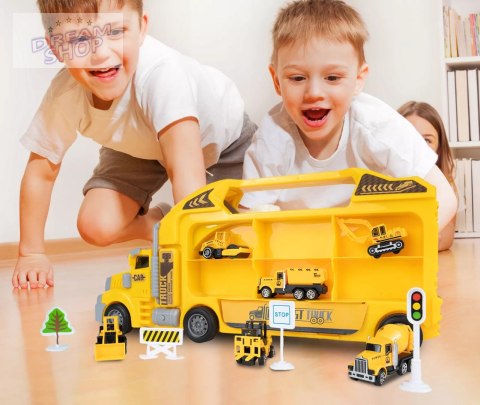 Ciężarówka walizka z metalowymi autkami budowlanymi 6 szt światła i dźwięki