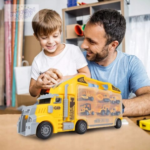 Ciężarówka walizka z metalowymi autkami budowlanymi 6 szt światła i dźwięki