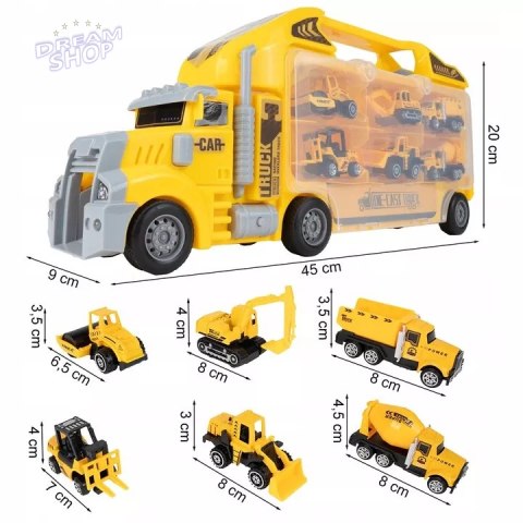 Ciężarówka walizka z metalowymi autkami budowlanymi 6 szt światła i dźwięki