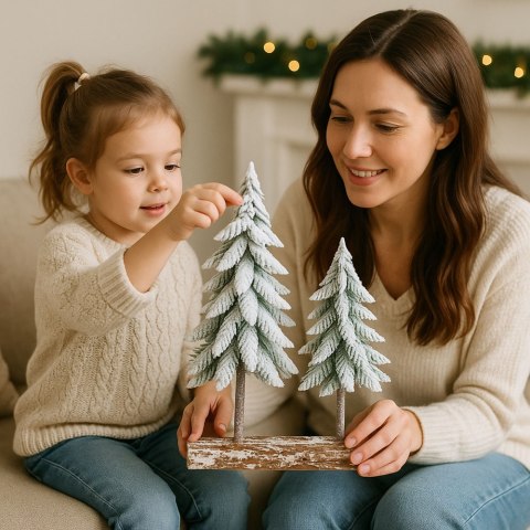 Dekoracja Kompozycja Świąteczna Choinki Na Pniu Pokryte Śniegiem 34 x 28 cm
