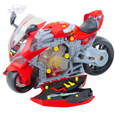 Motocykl Do Rozkręcania 2w1 DIY Warsztat Światła Dźwięki Dym Czerwony 43cm