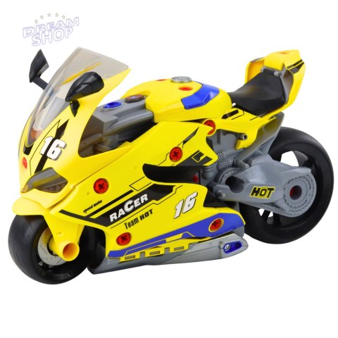 Motocykl Do Rozkręcania 2w1 DIY Warsztat Światła Dźwięki Dym Żółty 43cm
