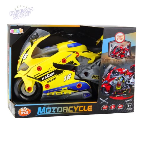 Motocykl Do Rozkręcania 2w1 DIY Warsztat Światła Dźwięki Dym Żółty 43cm
