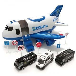 WOOPIE Samolot Rozkładany Transporter Policja z 3 Autami Policyjnymi Zestaw XL Znaki Drogowe