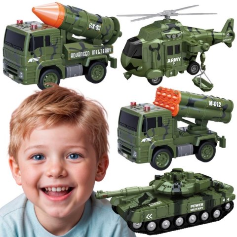 WOOPIE Zestaw Pojazdów Wojskowych z Wyrzutnią Czołg Helikopter 4SZT Skala 1:20