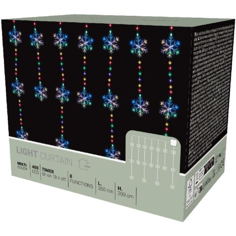 LAMPKI CHOINKOWE KURTYNA ŚWIETLNA 200x200 CM 408LED PŁATKI ŚNIEGU MULTIKOLOR