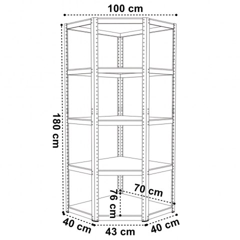 Regał magazynowy narożny 5 poziomów 180X70x40 nośność 875 kg
