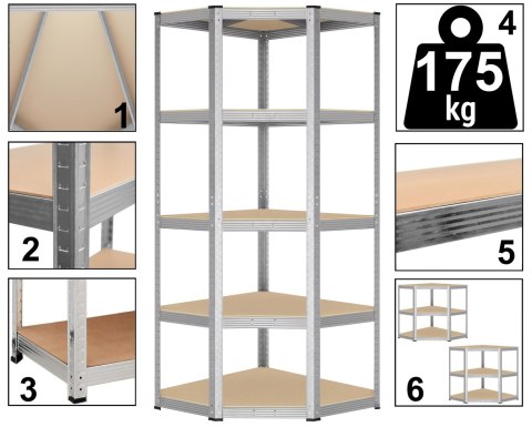 Regał magazynowy narożny 5 poziomów 180X70x40 nośność 875 kg