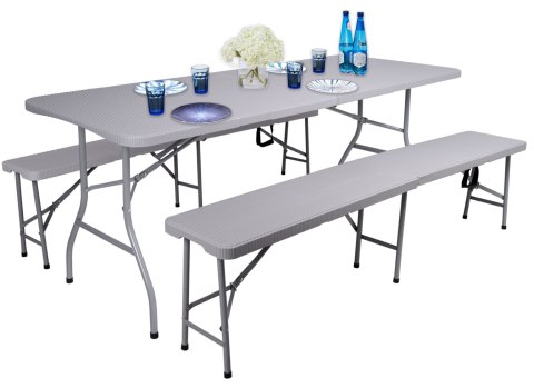 Zestaw cateringowy RATTAN stół 180cm + 2x ławka szary
