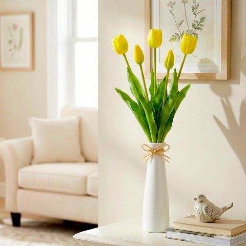 BUKIET 5 TULIPANÓW ŻÓŁTYCH 39CM JAK ŻYWYCH DEKORACJA WIOSENNA